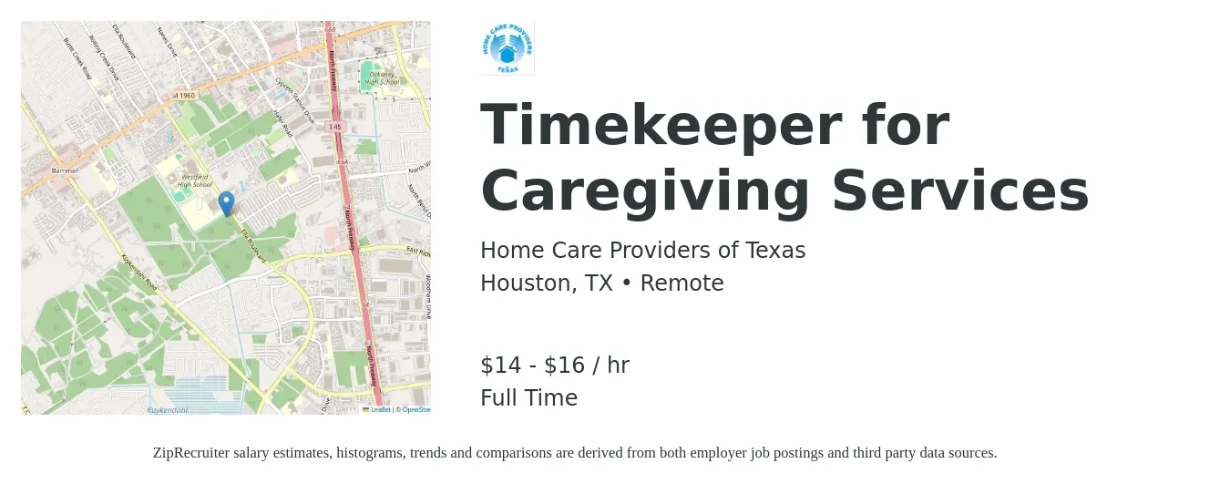 Home Care Providers of Texas job posting for a Timekeeper for Caregiving Services in Houston, TX with a salary of $15 to $17 Hourly with a map of Houston location.