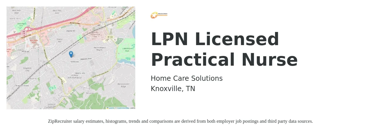 Home Care Solutions job posting for a LPN Licensed Practical Nurse in Knoxville, TN with a salary of $40,000 Yearly with a map of Knoxville location.