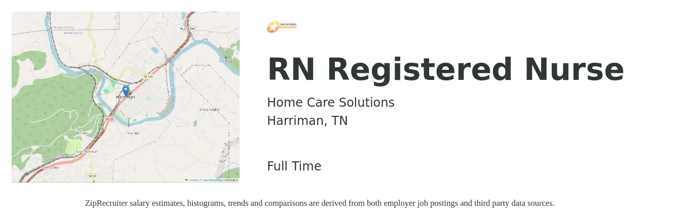 Home Care Solutions job posting for a RN Registered Nurse in Harriman, TN with a salary of $30 to $47 Hourly with a map of Harriman location.