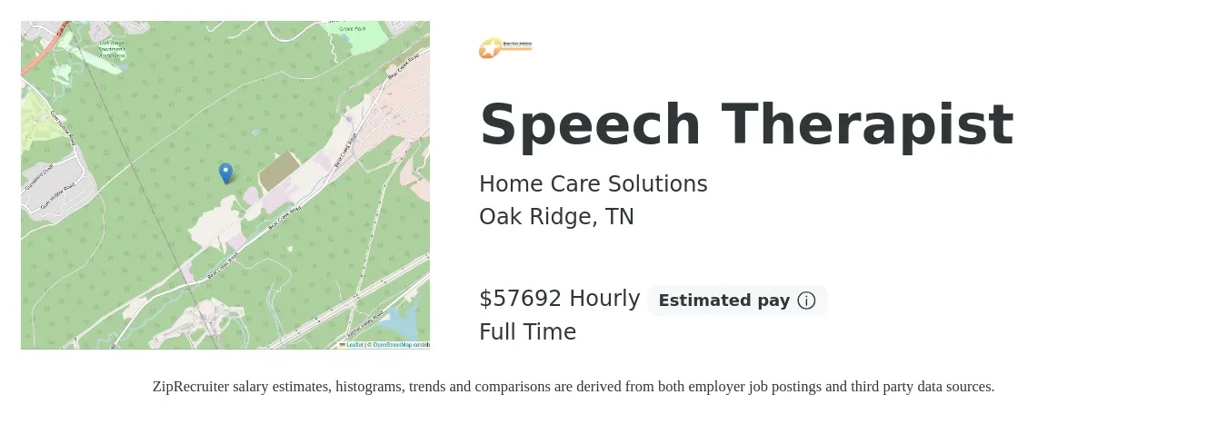 Home Care Solutions job posting for a Speech Therapist in Oak Ridge, TN with a salary of $60,000 Hourly with a map of Oak Ridge location.