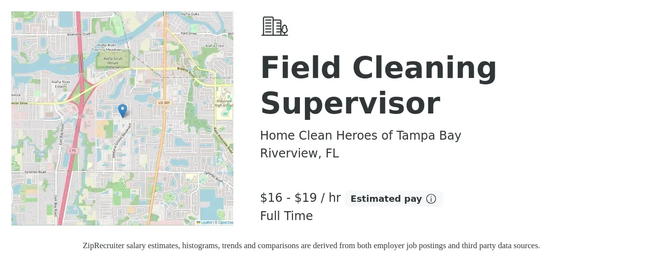 Home Clean Heroes of Tampa Bay job posting for a Field Cleaning Supervisor in Riverview, FL with a salary of $17 to $20 Hourly with a map of Riverview location.