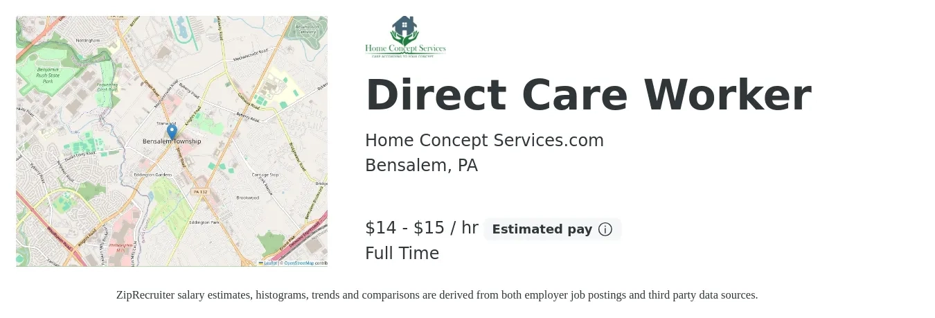 Home Concept Services.com job posting for a Direct Care Worker in Bensalem, PA with a salary of $15 to $16 Hourly and benefits including retirement with a map of Bensalem location.