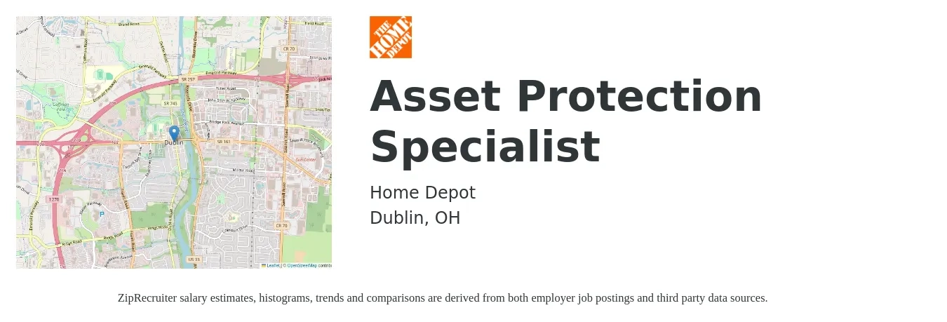 Home Depot job posting for a Asset Protection Specialist in Dublin, OH with a salary of $19 to $21 Hourly with a map of Dublin location.