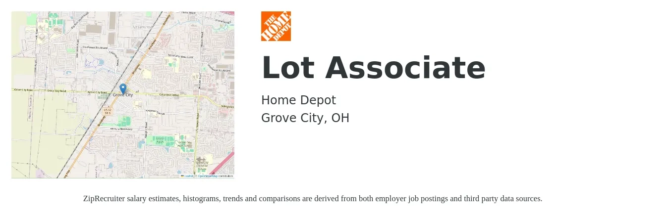 Home Depot job posting for a Lot Associate in Grove City, OH with a salary of $16 to $18 Hourly with a map of Grove City location.