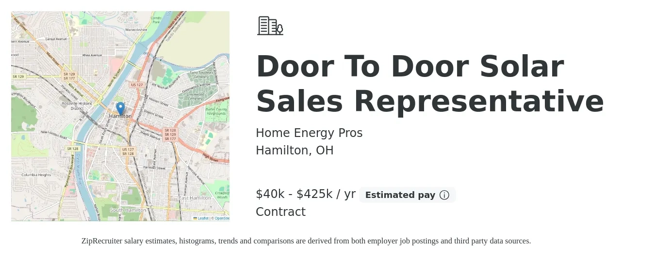 Home Energy Pros job posting for a Door To Door Solar Sales Representative in Hamilton, OH with a salary of $40,000 to $425,000 Yearly with a map of Hamilton location.