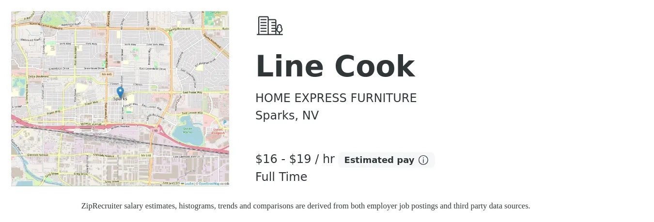 HOME EXPRESS FURNITURE job posting for a Line Cook in Sparks, NV with a salary of $17 to $20 Hourly with a map of Sparks location.