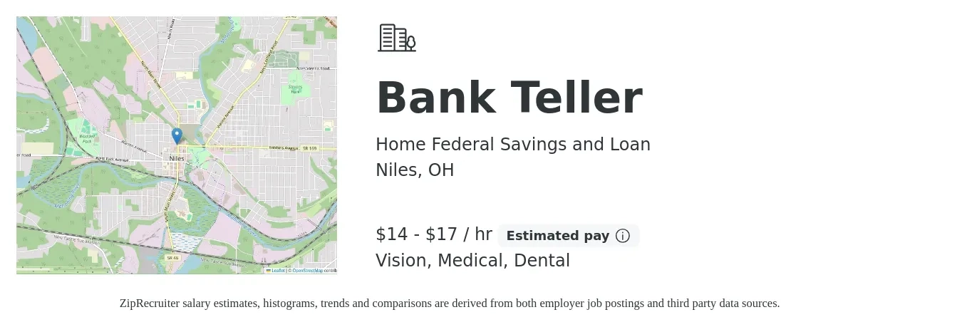 Home Federal Savings and Loan job posting for a Bank Teller in Niles, OH with a salary of $15 to $18 Hourly and benefits including retirement, vision, dental, medical, and pto with a map of Niles location.