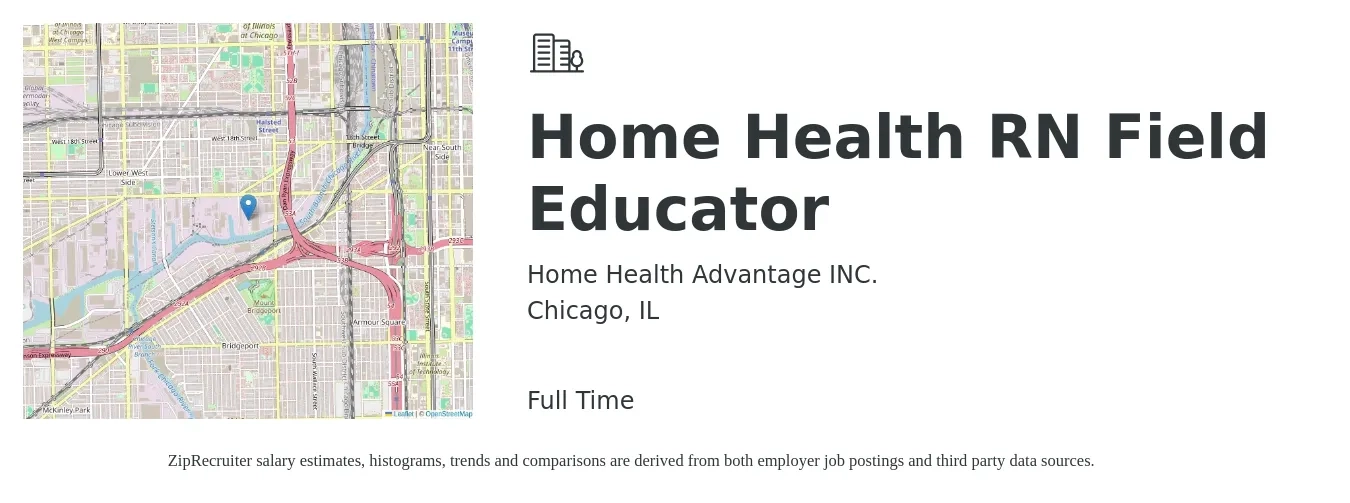 Home Health Advantage INC. job posting for a Home Health RN Field Educator in Chicago, IL with a salary of $1,640 to $2,450 Weekly with a map of Chicago location.