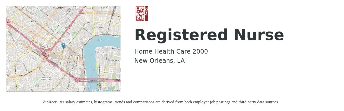 Home Health Care 2000 job posting for a Registered Nurse in New Orleans, LA with a salary of $29 to $46 Hourly with a map of New Orleans location.