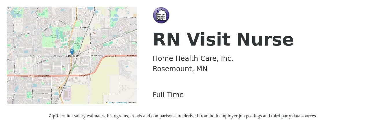 Home Health Care, Inc. job posting for a RN Visit Nurse in Rosemount, MN with a salary of $32 to $46 Hourly with a map of Rosemount location.