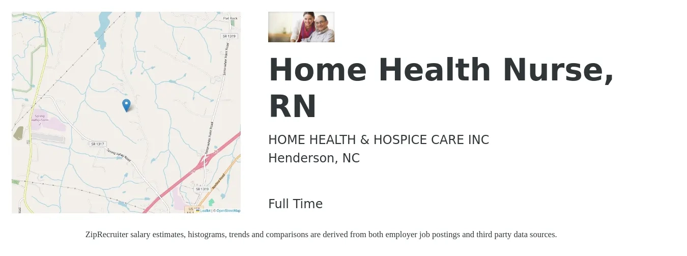 HOME HEALTH & HOSPICE CARE INC job posting for a Home Health Nurse, RN in Henderson, NC with a salary of $1,480 to $2,210 Weekly with a map of Henderson location.