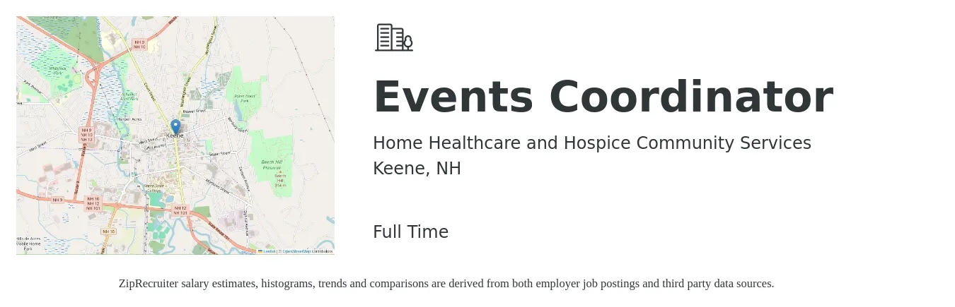Home Healthcare and Hospice Community Services job posting for a Events Coordinator in Keene, NH with a salary of $20 to $28 Hourly with a map of Keene location.