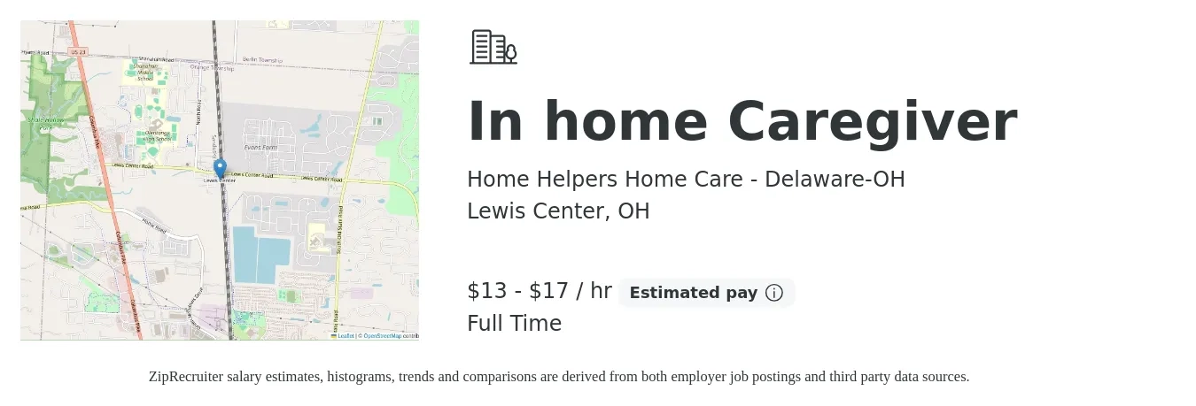 Home Helpers Home Care - Delaware-OH job posting for a In home Caregiver in Lewis Center, OH with a salary of $14 to $18 Hourly with a map of Lewis Center location.
