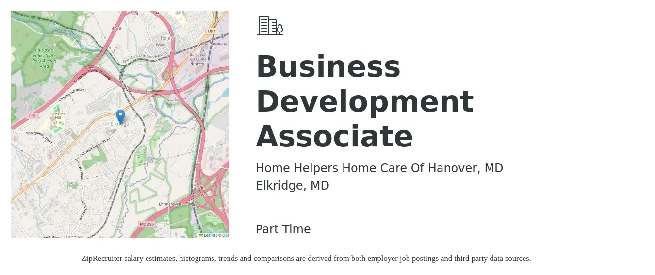 Home Helpers Home Care Of Hanover, MD job posting for a Business Development Associate in Elkridge, MD with a salary of $43,900 to $60,200 Yearly with a map of Elkridge location.