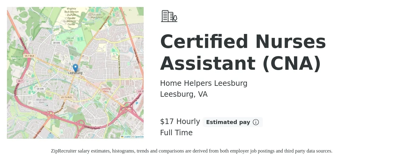 Home Helpers Leesburg job posting for a Certified Nurses Assistant (CNA) in Leesburg, VA with a salary of $18 Hourly with a map of Leesburg location.