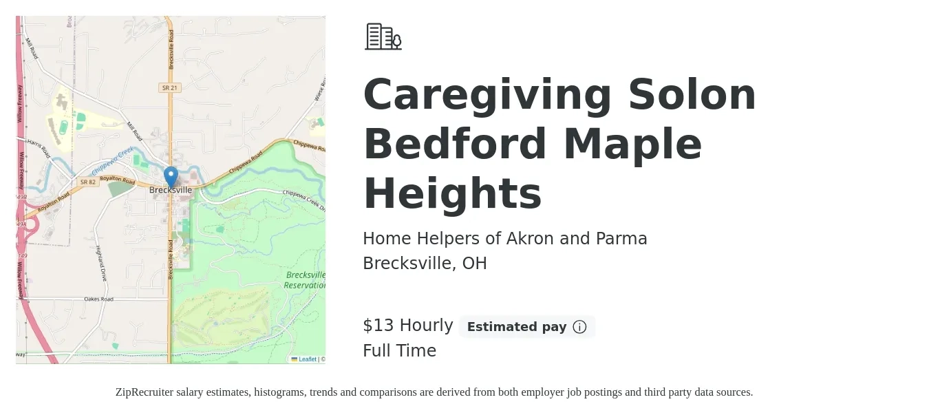 Home Helpers of Akron and Parma job posting for a Caregiving Solon Bedford Maple Heights in Brecksville, OH with a salary of $14 Hourly with a map of Brecksville location.