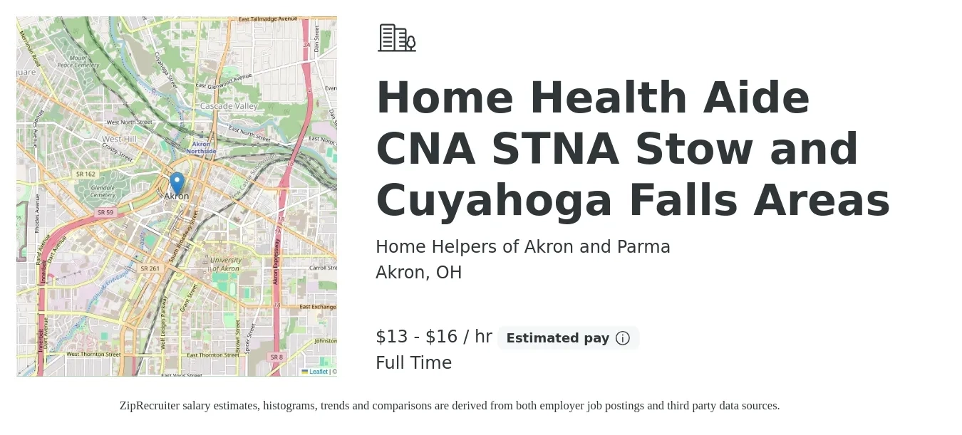 Home Helpers of Akron and Parma job posting for a Home Health Aide CNA STNA Stow and Cuyahoga Falls Areas in Akron, OH with a salary of $14 to $17 Hourly with a map of Akron location.