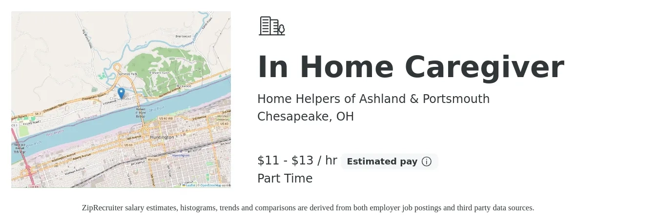 Home Helpers of Ashland & Portsmouth job posting for a In Home Caregiver in Chesapeake, OH with a salary of $12 to $14 Hourly with a map of Chesapeake location.