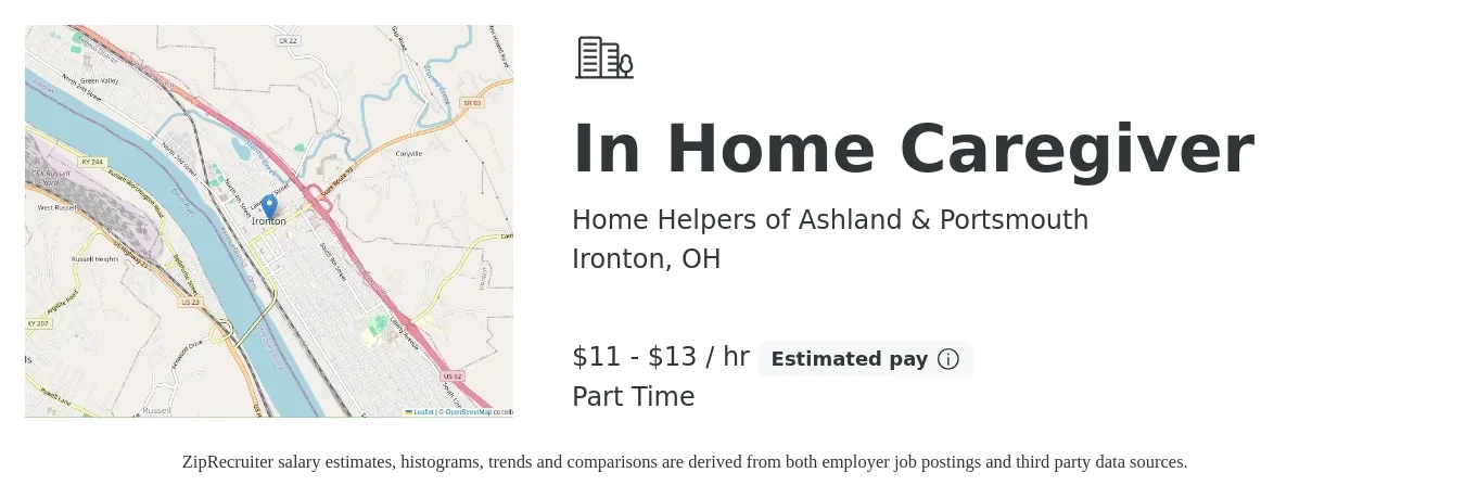 Home Helpers of Ashland & Portsmouth job posting for a In Home Caregiver in Ironton, OH with a salary of $12 to $14 Hourly with a map of Ironton location.