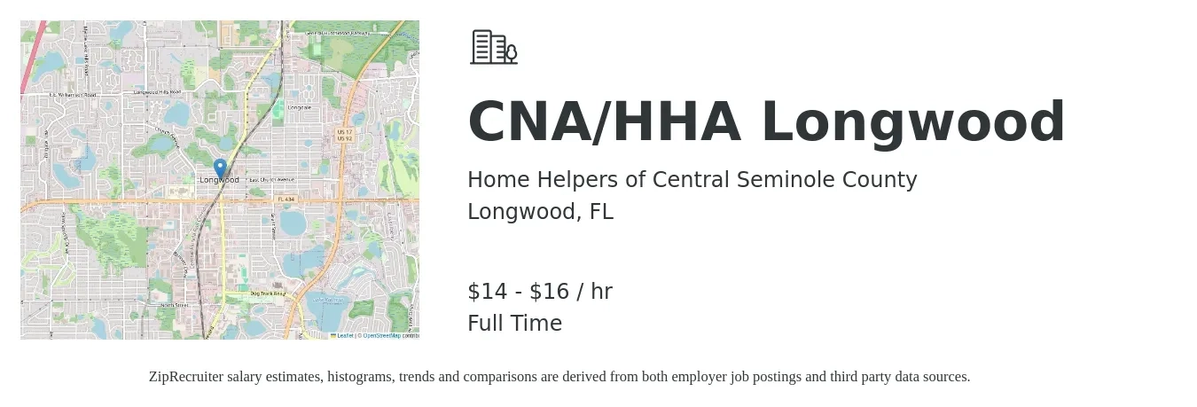 Home Helpers of Central Seminole County job posting for a CNA/HHA Longwood in Longwood, FL with a salary of $15 to $17 Hourly with a map of Longwood location.