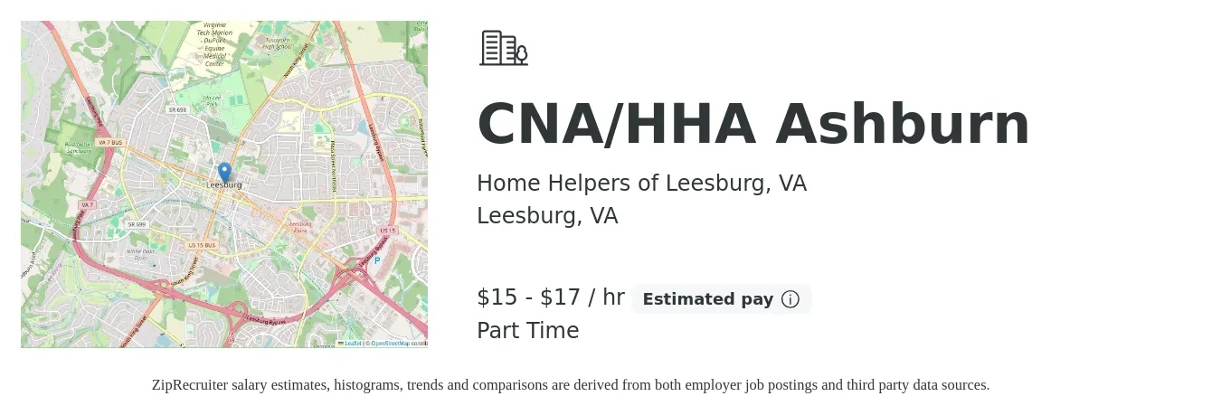 Home Helpers of Leesburg, VA job posting for a CNA/HHA Ashburn in Leesburg, VA with a salary of $16 to $18 Hourly with a map of Leesburg location.