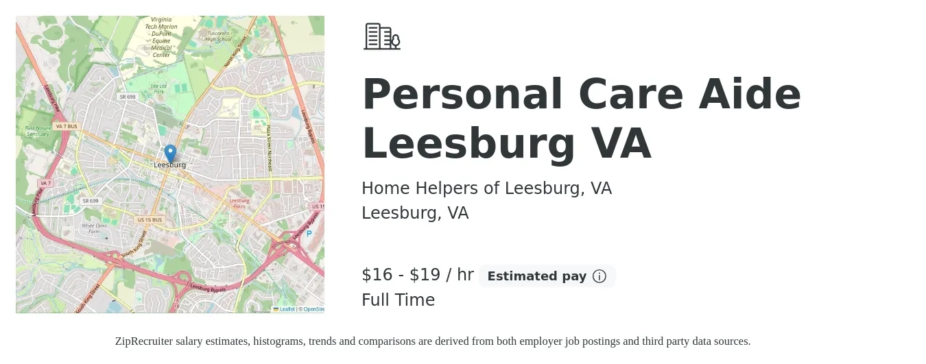 Home Helpers of Leesburg, VA job posting for a Personal Care Aide Leesburg VA in Leesburg, VA with a salary of $17 to $20 Hourly with a map of Leesburg location.