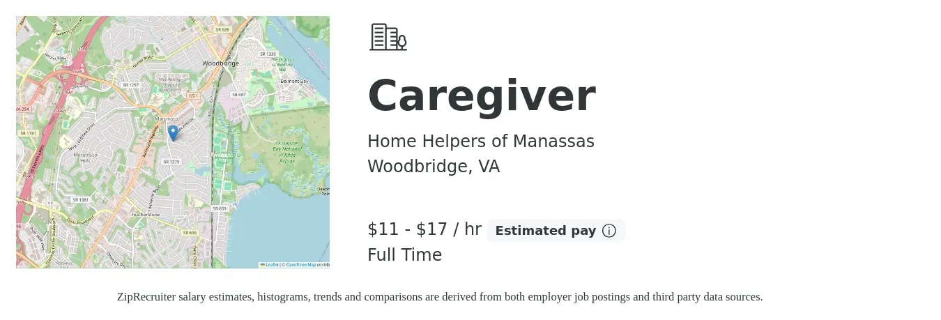 Home Helpers of Manassas job posting for a Caregiver in Woodbridge, VA with a salary of $12 to $18 Hourly with a map of Woodbridge location.