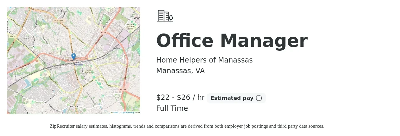 Home Helpers of Manassas job posting for a Office Manager in Manassas, VA with a salary of $23 to $28 Hourly with a map of Manassas location.