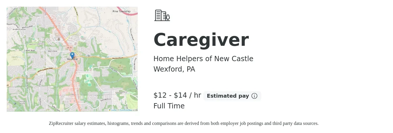 Home Helpers of New Castle job posting for a Caregiver in Wexford, PA with a salary of $13 to $15 Hourly with a map of Wexford location.