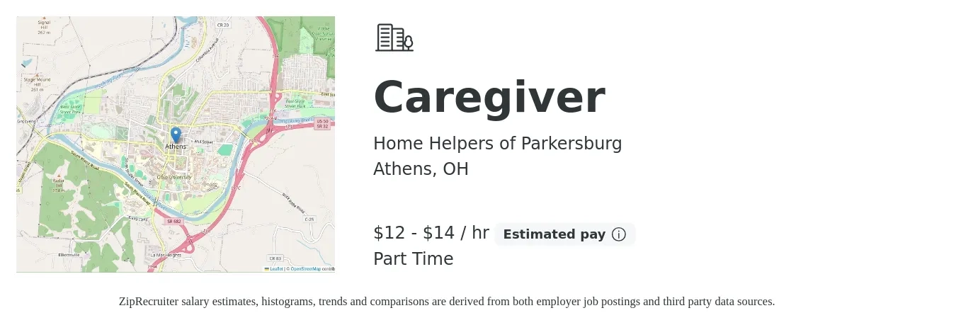 Home Helpers of Parkersburg job posting for a Caregiver in Athens, OH with a salary of $13 to $15 Hourly with a map of Athens location.