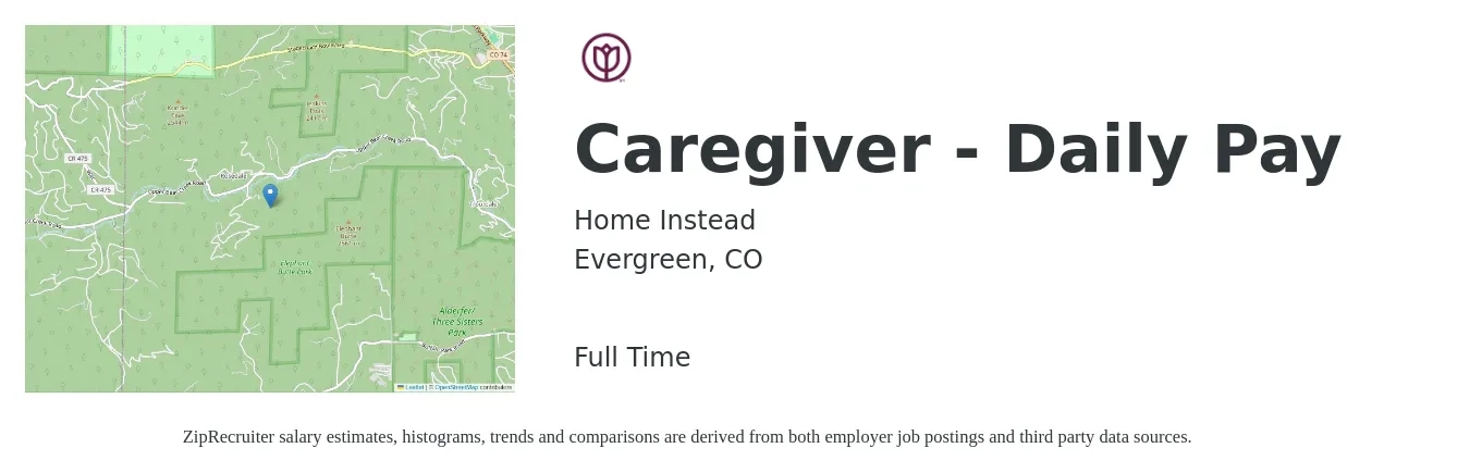 Home Instead job posting for a Caregiver - Daily Pay in Evergreen, CO with a salary of $14 to $18 Hourly with a map of Evergreen location.