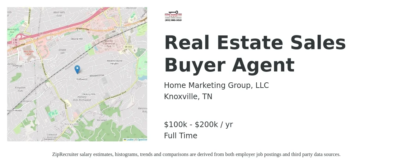 Home Marketing Group, LLC job posting for a Real Estate Sales Buyer Agent in Knoxville, TN with a salary of $100,000 to $200,000 Yearly with a map of Knoxville location.