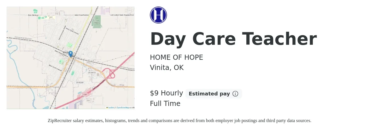 HOME OF HOPE job posting for a Day Care Teacher in Vinita, OK with a salary of $10 Hourly with a map of Vinita location.