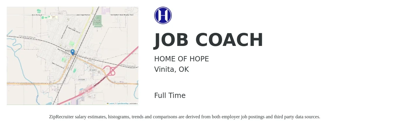 HOME OF HOPE job posting for a JOB COACH in Vinita, OK with a salary of $10 Hourly with a map of Vinita location.