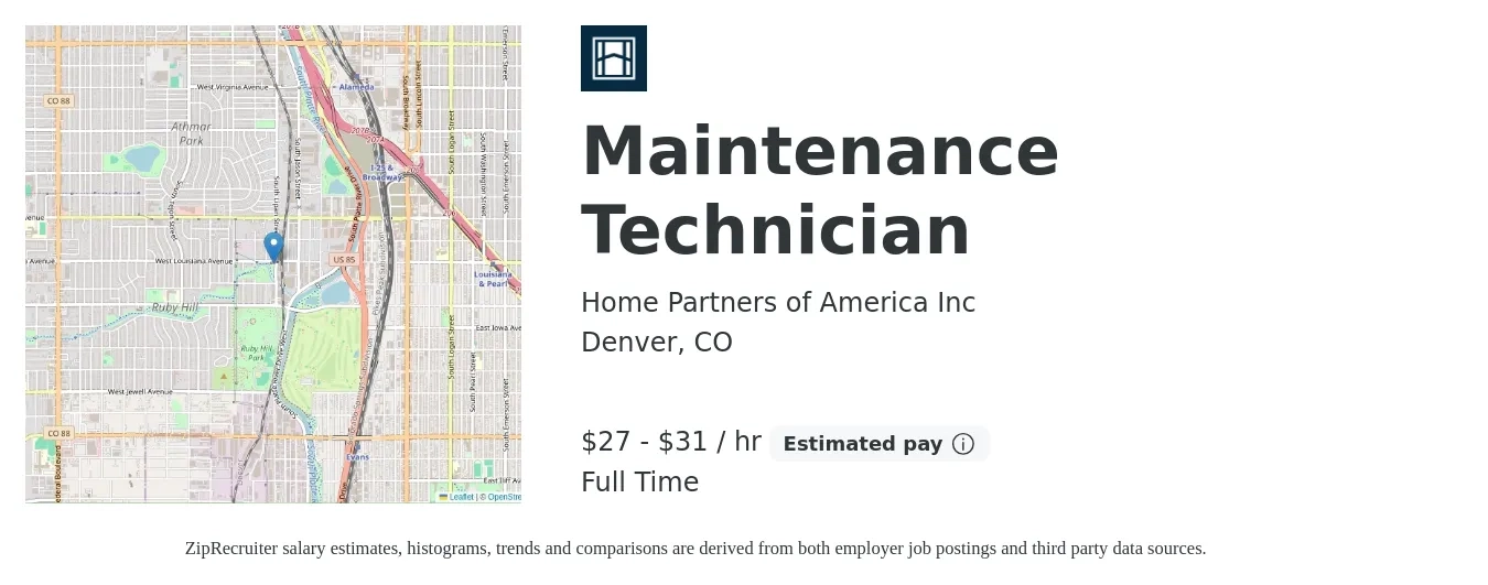 Home Partners of America Inc job posting for a Maintenance Technician in Denver, CO with a salary of $29 to $33 Yearly with a map of Denver location.