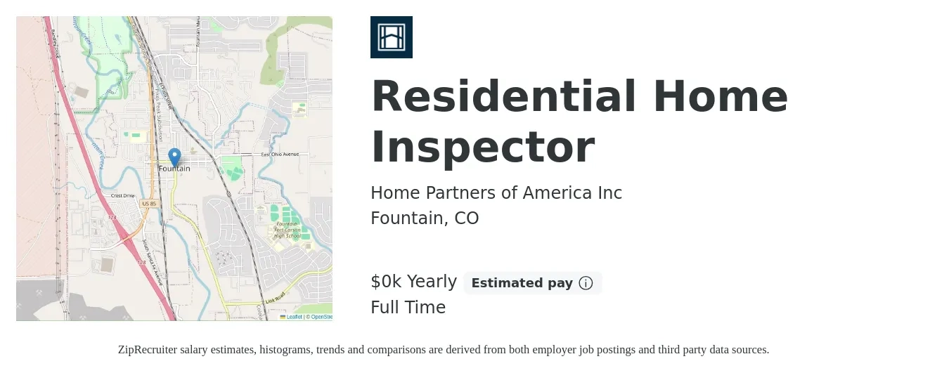Home Partners of America Inc job posting for a Residential Home Inspector in Fountain, CO with a salary of $28 to $31 Yearly with a map of Fountain location.