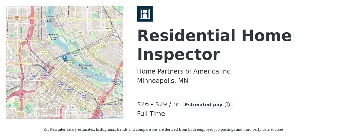 Home Partners of America Inc job posting for a Residential Home Inspector in Minneapolis, MN with a salary of $28 to $31 Hourly with a map of Minneapolis location.