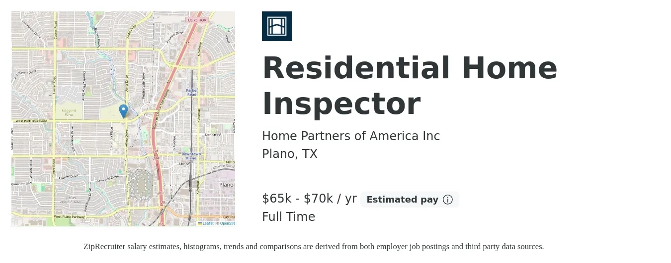 Home Partners of America Inc job posting for a Residential Home Inspector in Plano, TX with a salary of $28 to $31 Hourly with a map of Plano location.