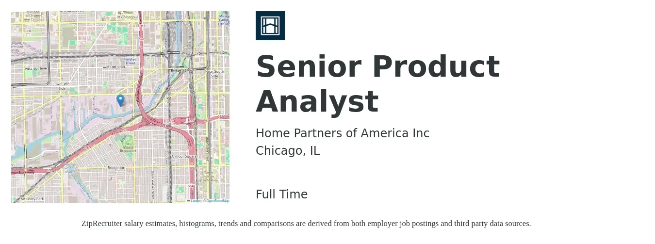 Home Partners of America Inc job posting for a Senior Product Analyst in Chicago, IL with a salary of $45 to $70 Hourly with a map of Chicago location.