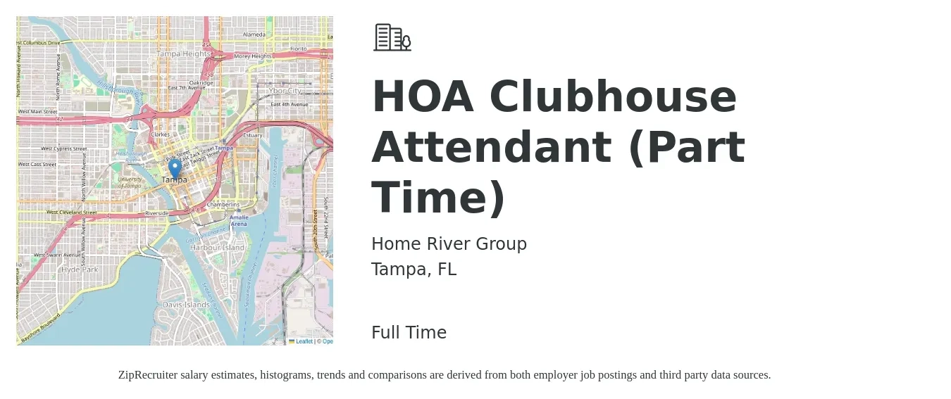 Home River Group job posting for a HOA Clubhouse Attendant (Part Time) in Tampa, FL with a salary of $14 to $18 Hourly with a map of Tampa location.
