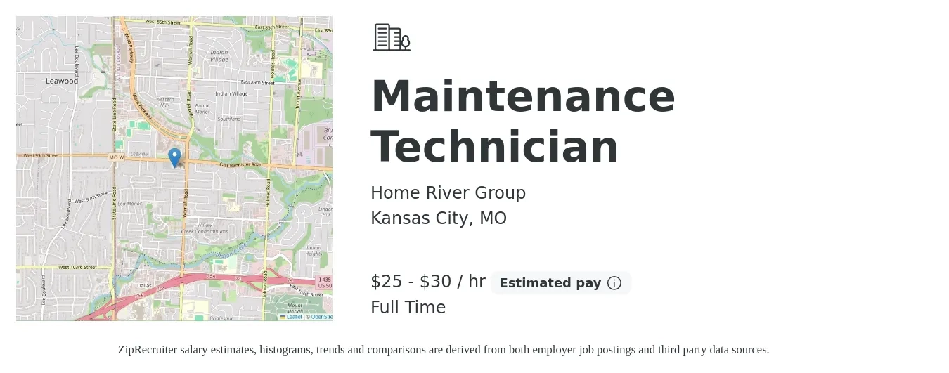 Home River Group job posting for a Maintenance Technician in Kansas City, MO with a salary of $44,000 to $60,000 Yearly with a map of Kansas City location.