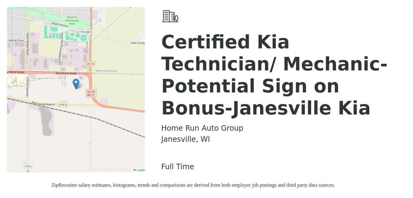 Home Run Auto Group job posting for a Certified Kia Technician/ Mechanic- Potential Sign on Bonus-Janesville Kia in Janesville, WI with a salary of $22 to $34 Hourly with a map of Janesville location.