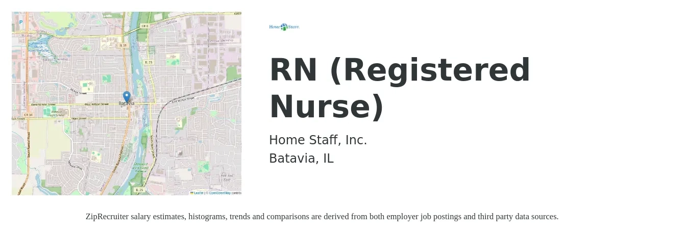 Home Staff, Inc. job posting for a RN (Registered Nurse) in Batavia, IL with a salary of $36 to $55 Hourly with a map of Batavia location.