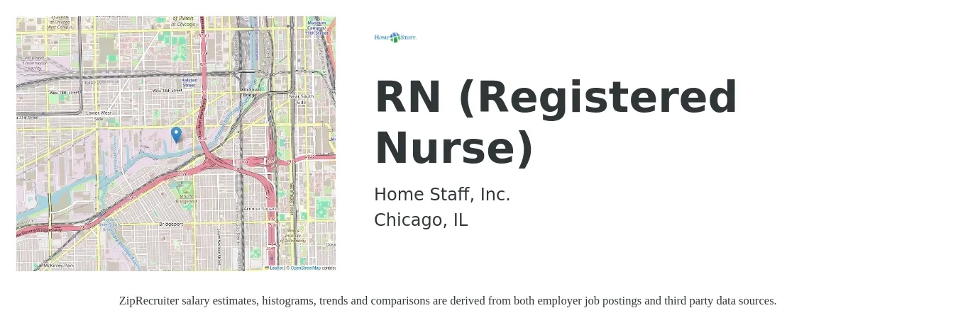 Home Staff, Inc. job posting for a RN (Registered Nurse) in Chicago, IL with a salary of $36 to $56 Hourly with a map of Chicago location.