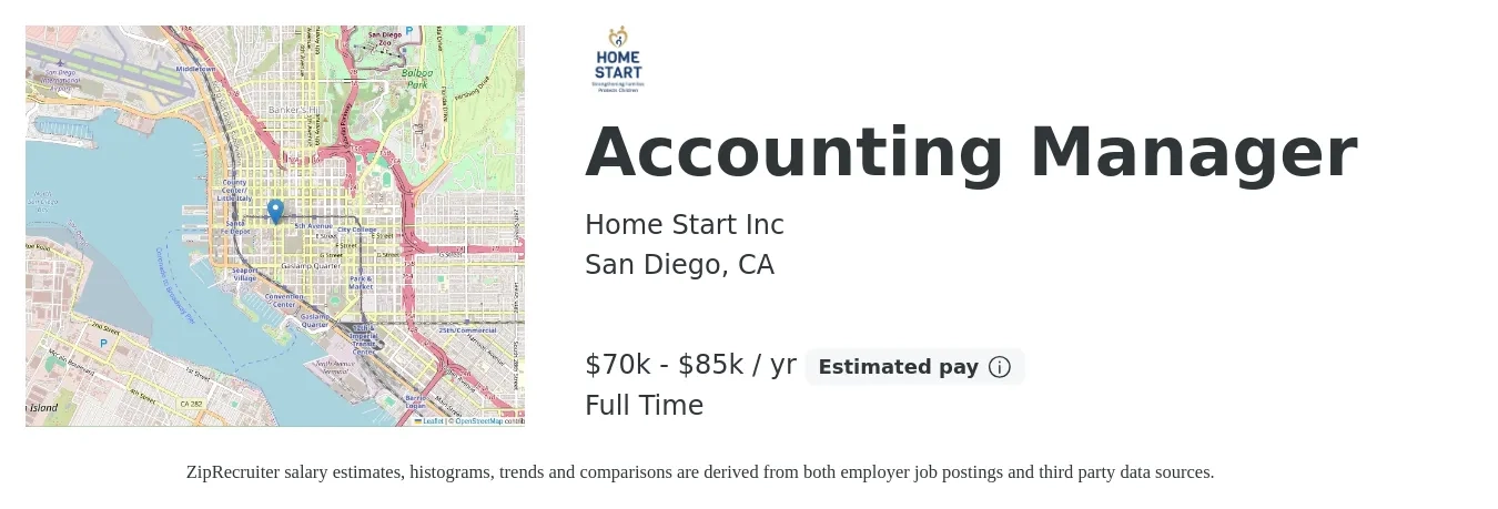 Home Start Inc job posting for a Accounting Manager in San Diego, CA with a salary of $70,000 to $80,000 Yearly with a map of San Diego location.