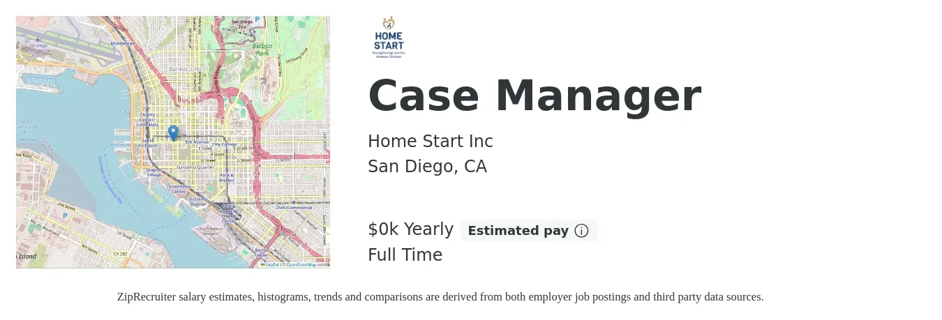 Home Start Inc job posting for a Case Manager in San Diego, CA with a salary of $22 to $24 Yearly with a map of San Diego location.