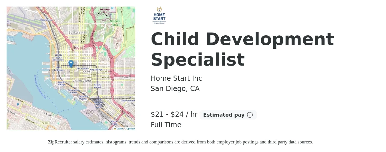 Home Start Inc job posting for a Child Development Specialist in San Diego, CA with a salary of $22 to $24 Hourly with a map of San Diego location.