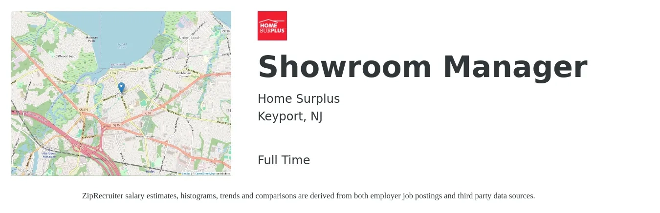 Home Surplus job posting for a Showroom Manager in Keyport, NJ with a salary of $22 to $38 Hourly with a map of Keyport location.
