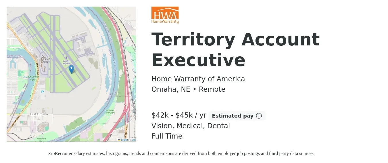Home Warranty of America job posting for a Territory Account Executive in Omaha, NE with a salary of $42,000 to $45,000 Yearly (plus commission) and benefits including vision, dental, life_insurance, medical, and retirement with a map of Omaha location.
