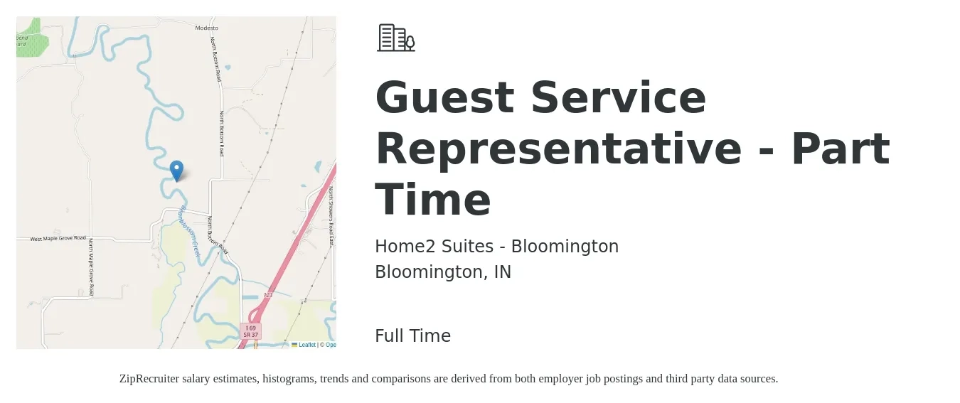 Home2 Suites - Bloomington job posting for a Guest Service Representative - Part Time in Bloomington, IN with a salary of $12 to $15 Hourly with a map of Bloomington location.